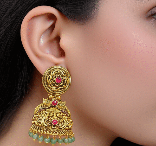 Gold Jhumka Earrings with Ruby and Emerald Accents - Image 2