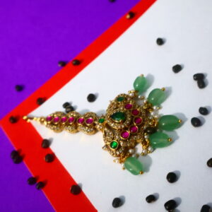 Traditional Gold-Plated Maang Tikka with Ruby & Emerald Green Beads
