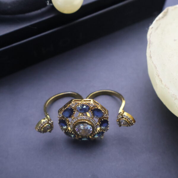 Royal Blue Stone Adjustable Dual Ring with Central Crystal - Image 3