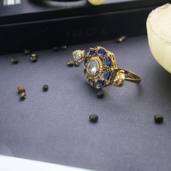 Royal Blue Stone Adjustable Dual Ring with Central Crystal - Image 2