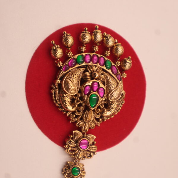 Antique Gold Peacock Maang Tikka with Ruby & Emerald Stones - Image 3