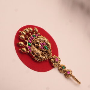 Antique Gold Peacock Maang Tikka with Ruby & Emerald Stones