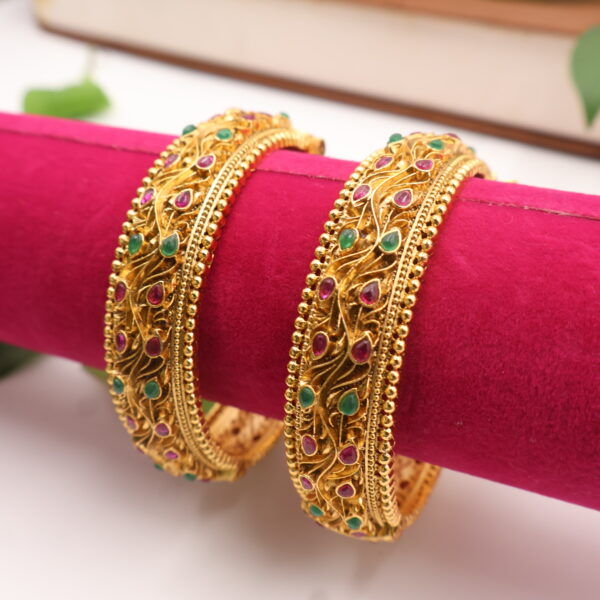 Traditional Peacock Motif Gold Bangles Pair - Image 2