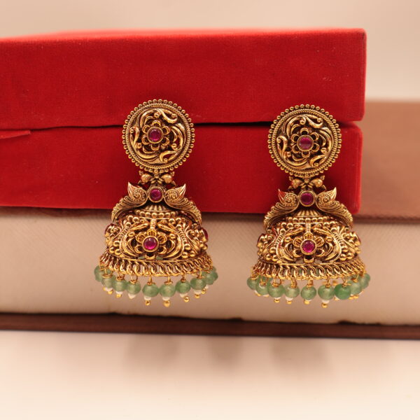 Gold Jhumka Earrings with Ruby and Emerald Accents